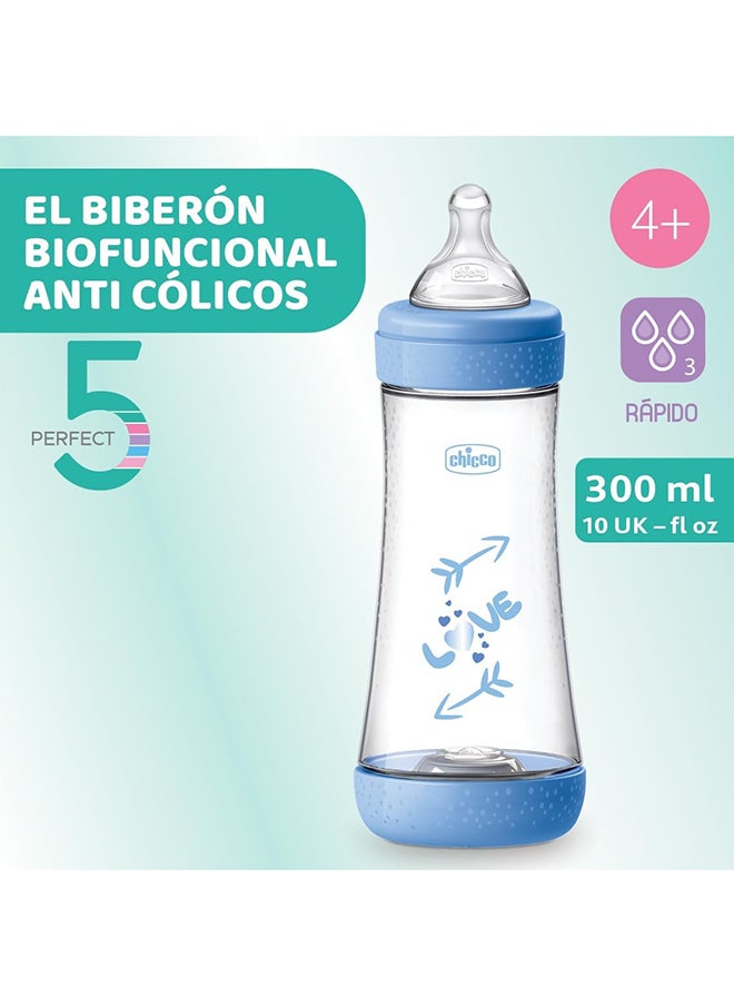 Chicco - Perfect 5 Silicone Feeding Bottle 300ML, Fast Flow, 4M+, Blue - Image 1