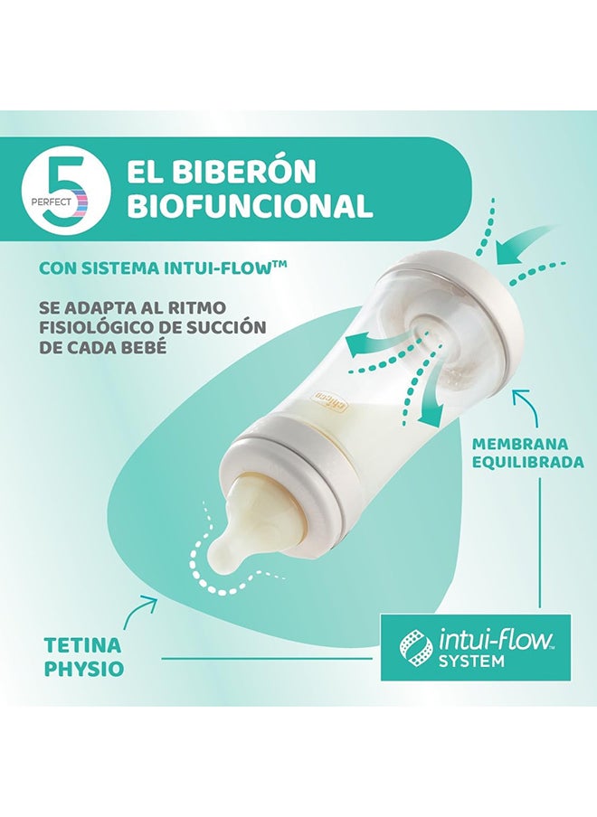 Chicco - Perfect 5 Silicone Feeding Bottle 300ML, Fast Flow, 4M+, Blue - Image 1