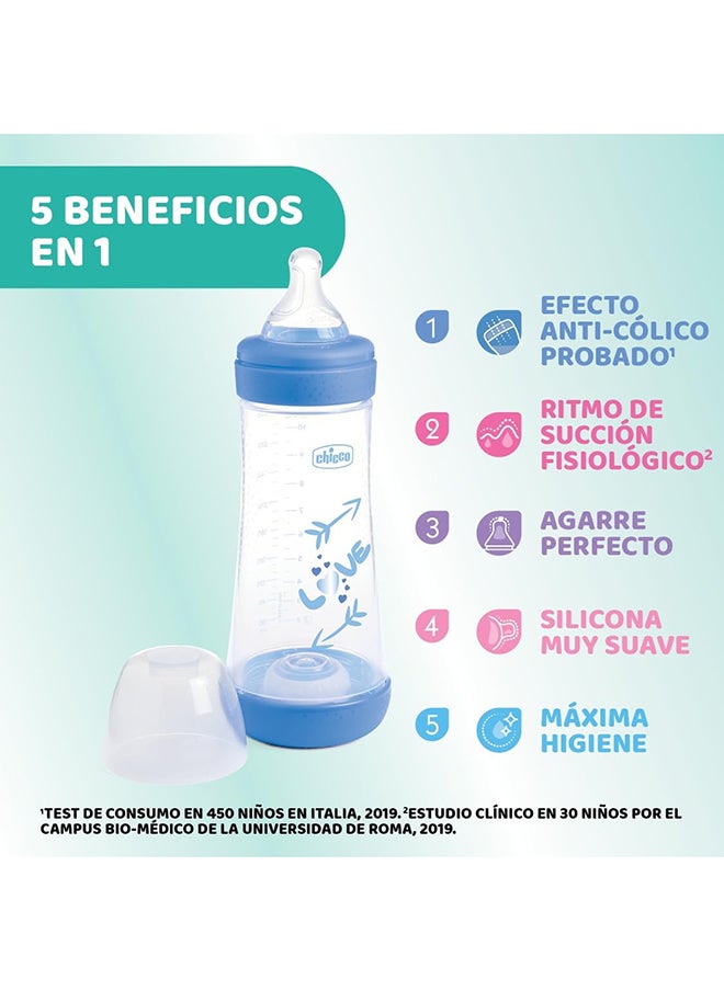 Chicco - Perfect 5 Silicone Feeding Bottle 300ML, Fast Flow, 4M+, Blue - Image 1