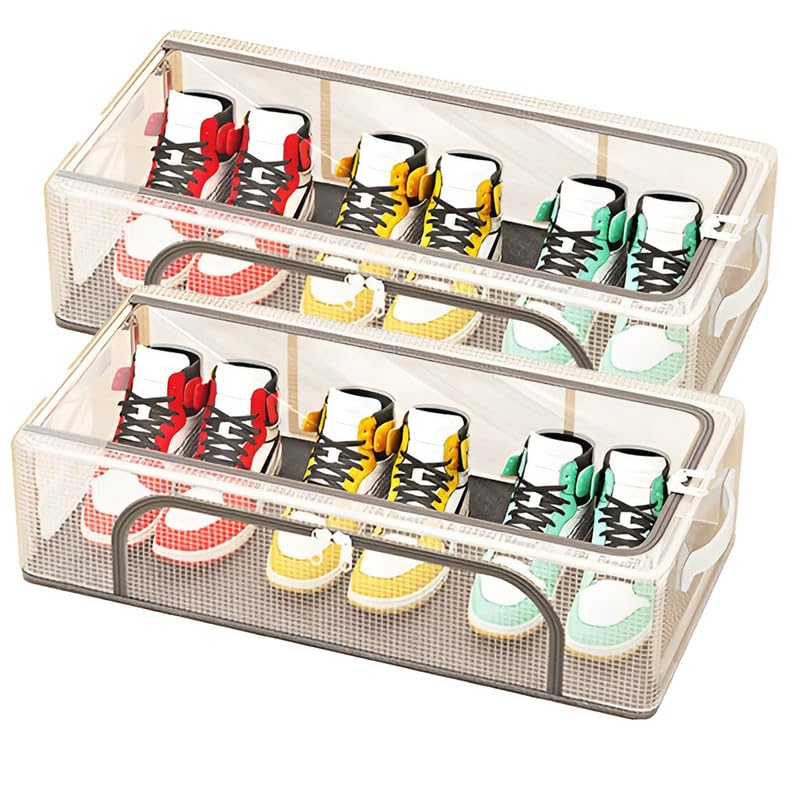 PRIME PICK Medium Zip Cloth Storage Box Organizer Foldable Washable Breathable Nylon Fabric with Lid Reinforced Handles Wardrobe Organizer Transparent Pack of 2 - Image 1