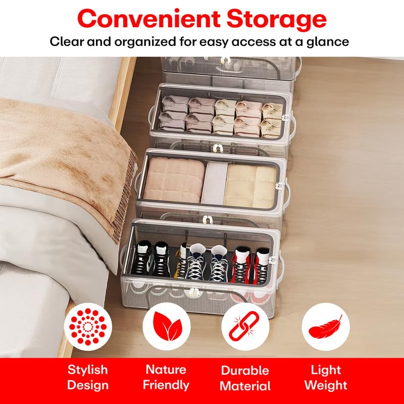 PRIME PICK Medium Zip Cloth Storage Box Organizer Foldable Washable Breathable Nylon Fabric with Lid Reinforced Handles Wardrobe Organizer Transparent Pack of 2 - Image 5