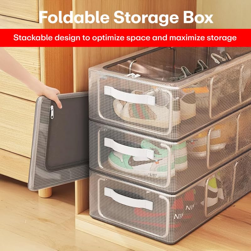 PRIME PICK Medium Zip Cloth Storage Box Organizer Foldable Washable Breathable Nylon Fabric with Lid Reinforced Handles Wardrobe Organizer Transparent Pack of 2 - Image 4