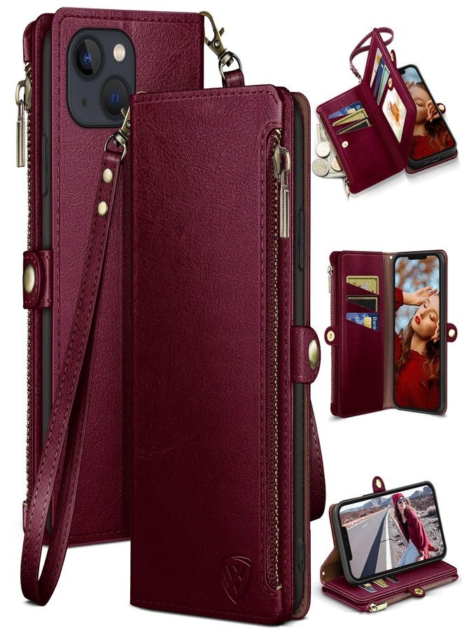 XcaseBar Compatible with iPhone 14 6.1" Wallet case with Zipper Credit Card Holder【RFID Blocking】,Flip Folio Book PU Leather Phone case Shockproof Cover Men Women for Apple 14 case Wine Red - Image 1