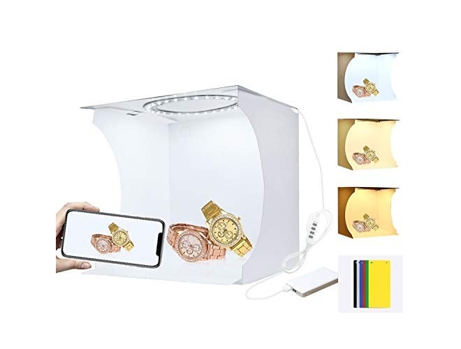 Jubilant صندوق إضاءة حلقة LED بحجم 23 سم - مجموعة خيمة تصوير فوتوغرافي مع إضاءة بيضاء/دافئة/ناعمة و 6 خلفيات ملونة - Image 1