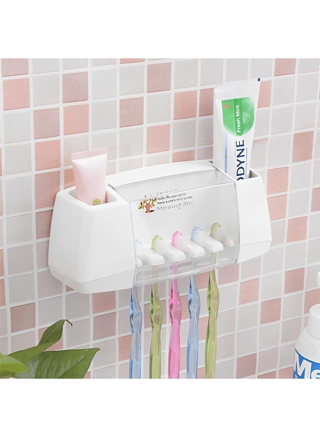 Wall mounted Toothbrush Holder, 5 Slots 2 Cups Multifunctional Space-Saving Toothbrush and Toothpaste Holder, Dust Protection Cover Drain Holes Suction Hook Wall Mounted for Washroom and Bathroom  - Image 1