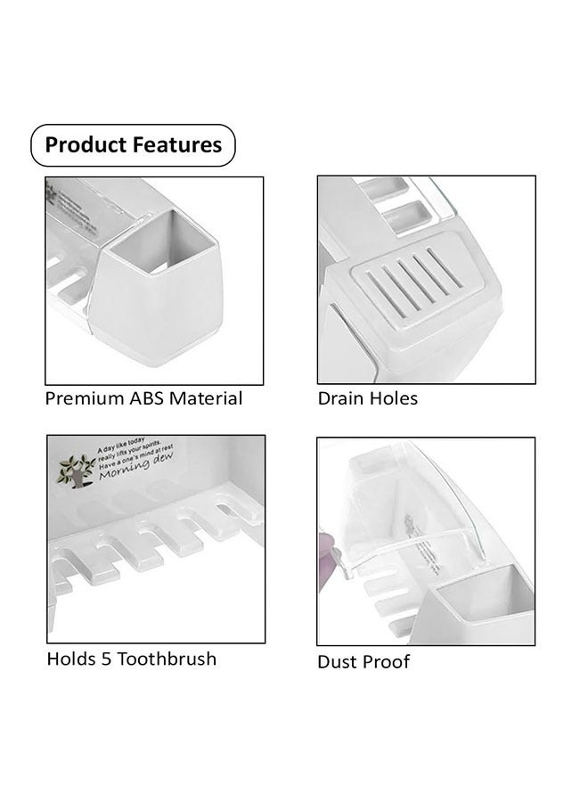 Wall mounted Toothbrush Holder, 5 Slots 2 Cups Multifunctional Space-Saving Toothbrush and Toothpaste Holder, Dust Protection Cover Drain Holes Suction Hook Wall Mounted for Washroom and Bathroom  - Image 3