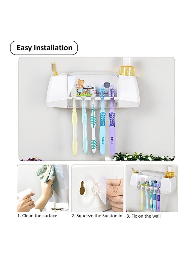 Wall mounted Toothbrush Holder, 5 Slots 2 Cups Multifunctional Space-Saving Toothbrush and Toothpaste Holder, Dust Protection Cover Drain Holes Suction Hook Wall Mounted for Washroom and Bathroom  - Image 4