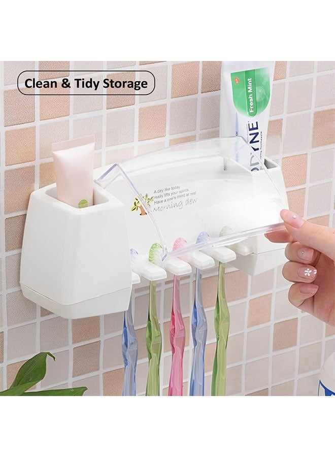 Wall mounted Toothbrush Holder, 5 Slots 2 Cups Multifunctional Space-Saving Toothbrush and Toothpaste Holder, Dust Protection Cover Drain Holes Suction Hook Wall Mounted for Washroom and Bathroom  - Image 5