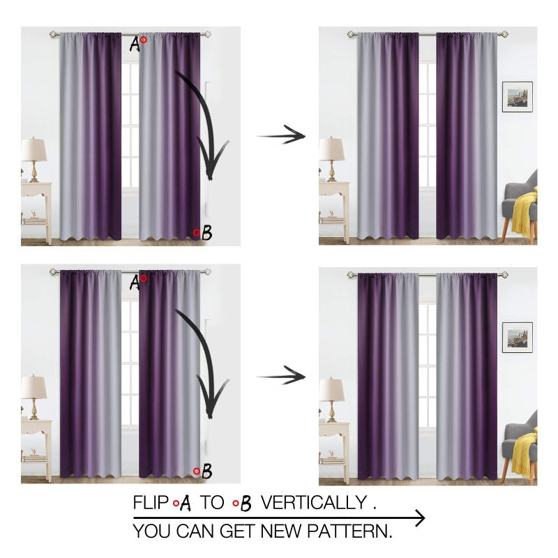 COSVIYA Rod Pocket Ombre Room Darkening Curtains 84 inch Length 2 Panels  Purple and Grayish White Gradient Drapes Light Blocking Insulated Thermal Window Curtains for Bedroom/Living Room 52x84 inches - Image 2