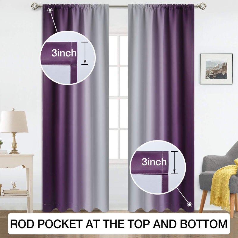 COSVIYA Rod Pocket Ombre Room Darkening Curtains 84 inch Length 2 Panels  Purple and Grayish White Gradient Drapes Light Blocking Insulated Thermal Window Curtains for Bedroom/Living Room 52x84 inches - Image 3