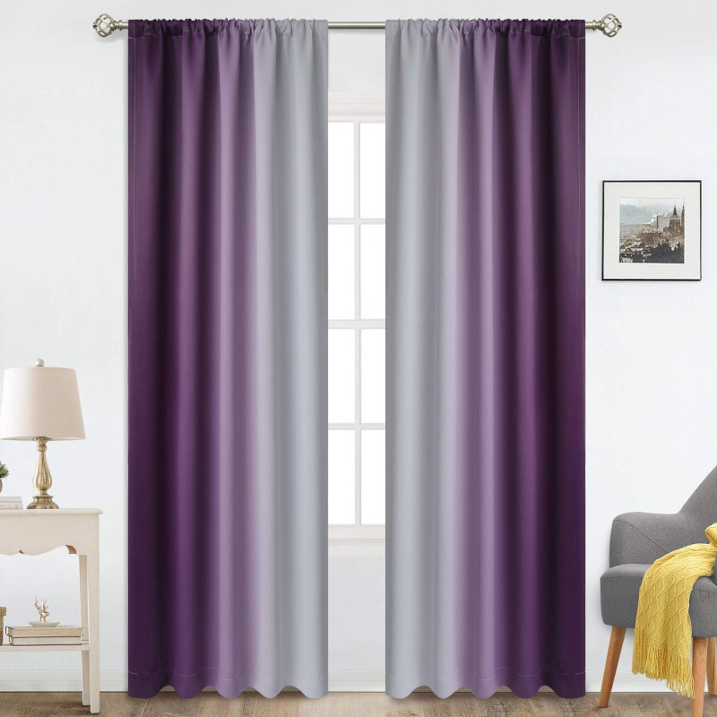 COSVIYA Rod Pocket Ombre Room Darkening Curtains 84 inch Length 2 Panels  Purple and Grayish White Gradient Drapes Light Blocking Insulated Thermal Window Curtains for Bedroom/Living Room 52x84 inches - Image 1