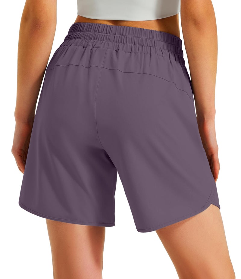 Ksmien Women's 5"/ 7" Athletic Running Shorts Quick Dry Lightweight Workout Gym Shorts with Zipper Pockets UPF 50+ Grey Purple - Image 2