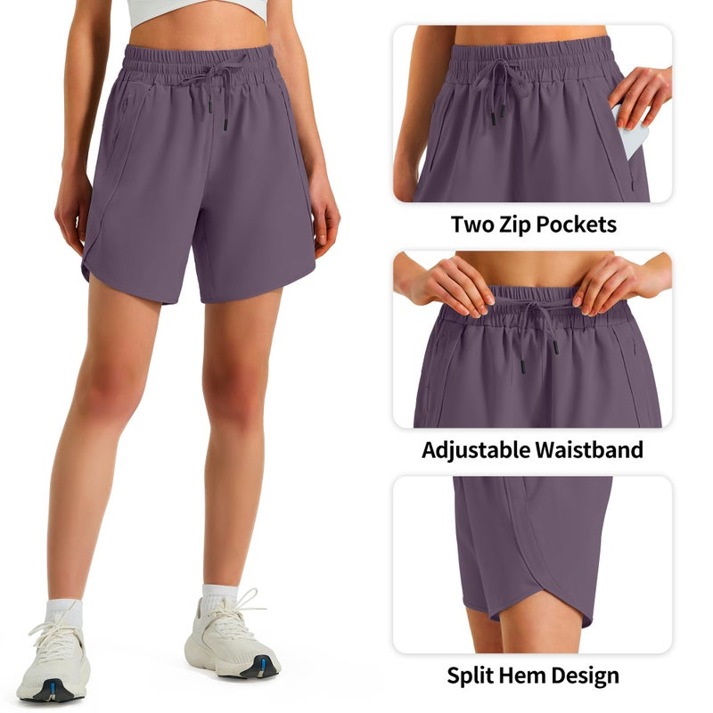Ksmien Women's 5"/ 7" Athletic Running Shorts Quick Dry Lightweight Workout Gym Shorts with Zipper Pockets UPF 50+ Grey Purple - Image 5