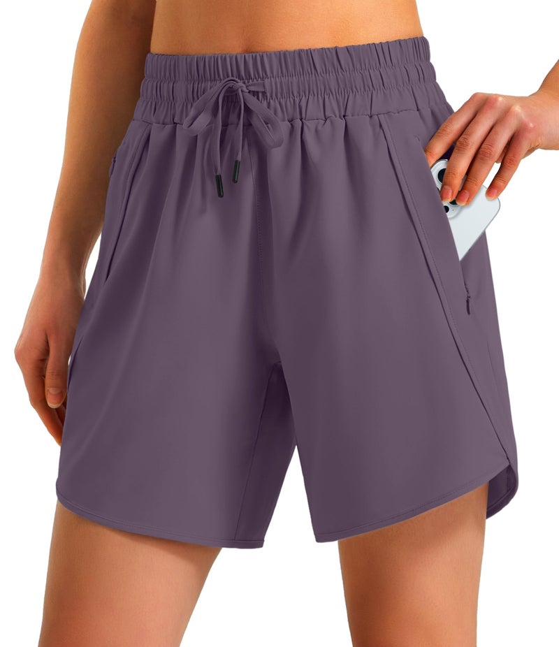 Ksmien Women's 5"/ 7" Athletic Running Shorts Quick Dry Lightweight Workout Gym Shorts with Zipper Pockets UPF 50+ Grey Purple - Image 1