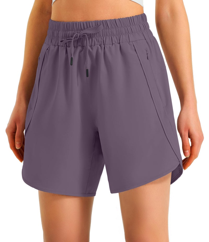 Ksmien Women's 5"/ 7" Athletic Running Shorts Quick Dry Lightweight Workout Gym Shorts with Zipper Pockets UPF 50+ Grey Purple - Image 4