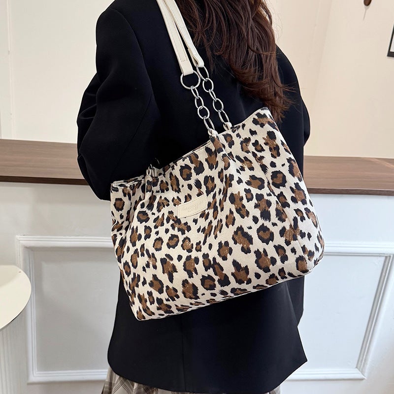 Women's Leopard Print Velvet Tote Bag for School and Commute - Image 2