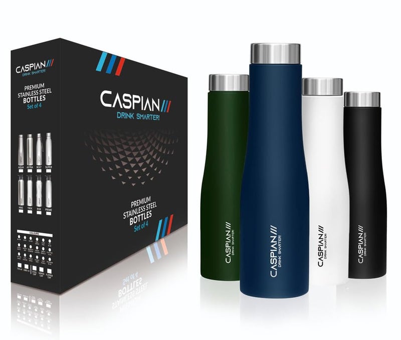 CASPIAN /// Aqua Stainless Steel Water Bottle (Black, Blue, Green & White, 1 Litre, Set of 4)| Leak Proof Thunder for Fridge Home Office Travel School Kids Boys Girls Adults Sports Gym Yoga - Image 1