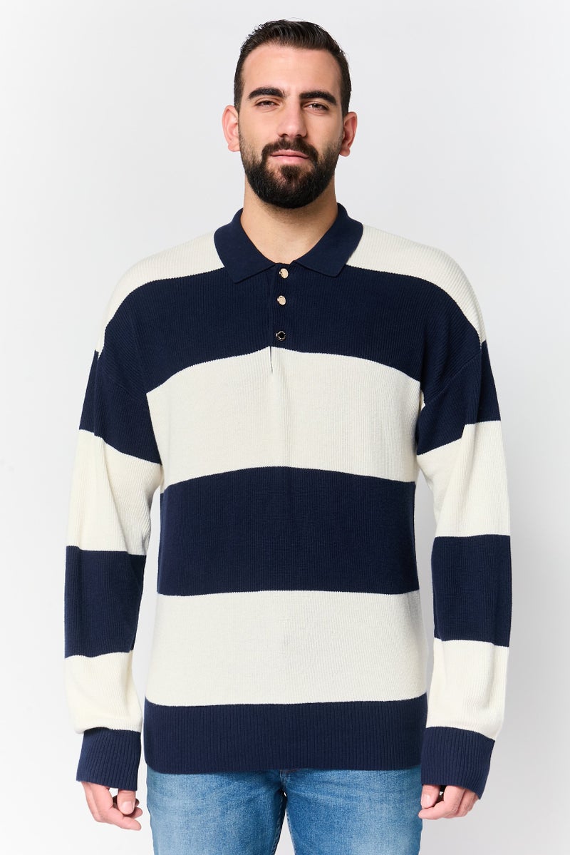 GANT Men Spread Collar Ribbed Long Sleeve Sweater, Multicolor - Image 1