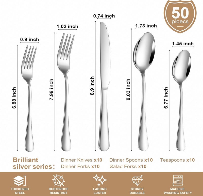 Lazycorner Silverware Set 50 Piece Stainless Steel Flatware Set Silverware Utensils for 10 People Includes Forks Knives Spoons & Salad Forks Dishwasher Safe Durable Tableware for Home Restaurant or Outdoor Use - Image 2