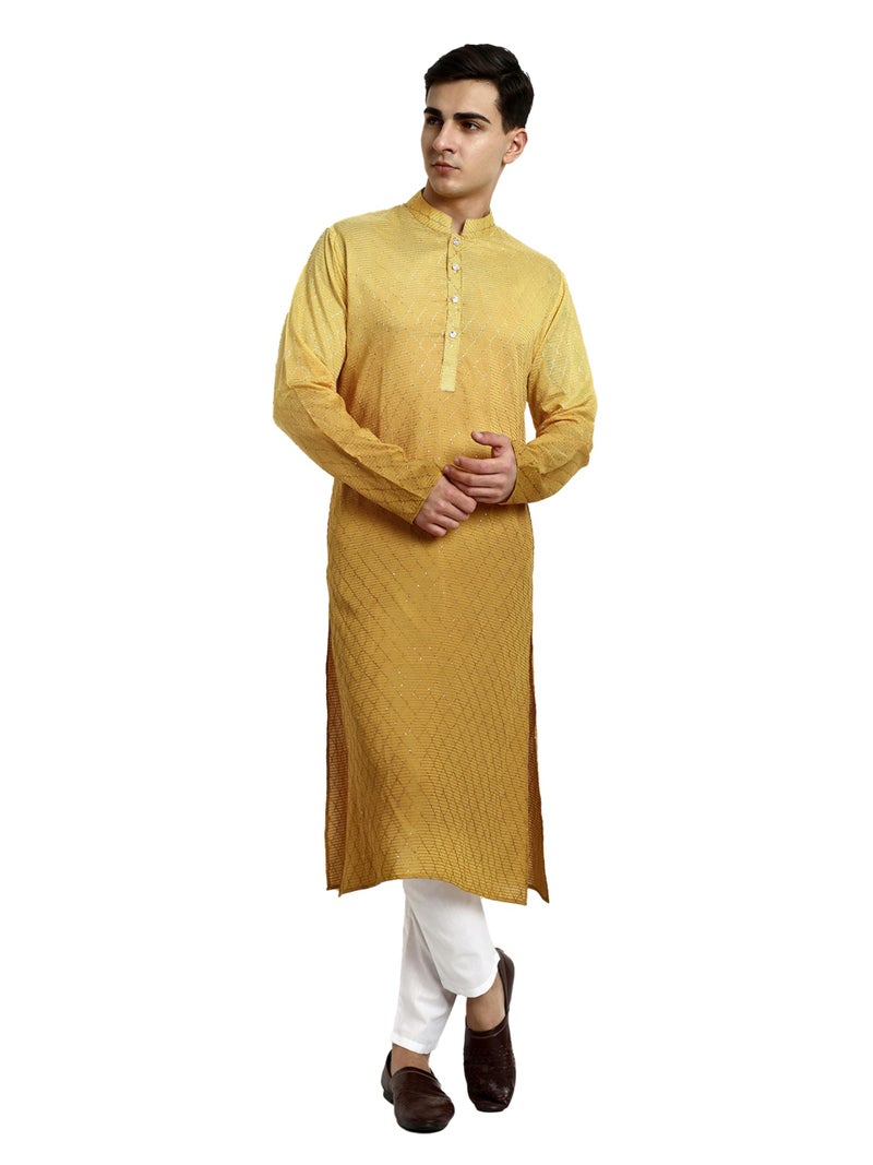 Vardha Men's Cotton Chikankari Embroidered and Sequence Full Sleeve Knee Length Casual Kurta for All Occations Like Wedding, Office & Events (MK_35_M_LK) Yellow - Image 1
