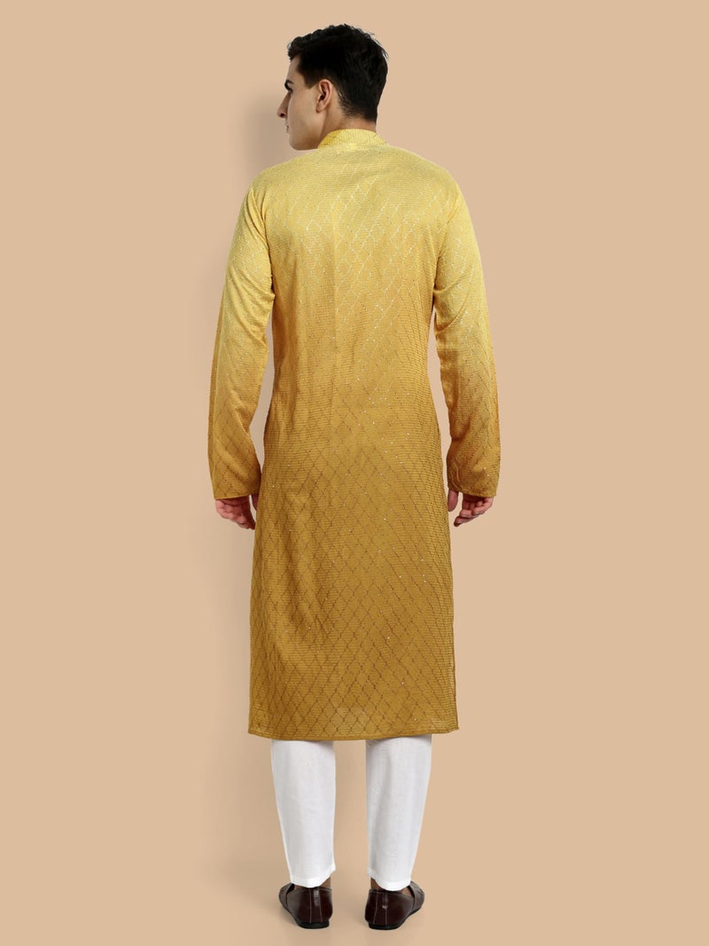 Vardha Men's Cotton Chikankari Embroidered and Sequence Full Sleeve Knee Length Casual Kurta for All Occations Like Wedding, Office & Events (MK_35_M_LK) Yellow - Image 3