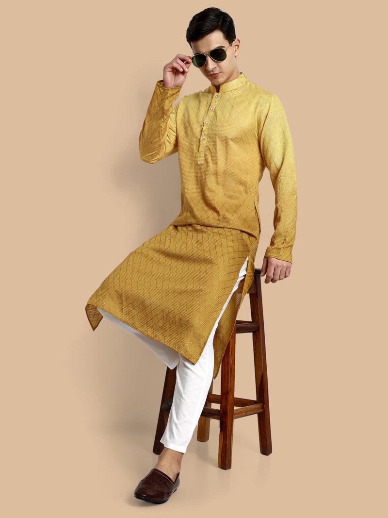 Vardha Men's Cotton Chikankari Embroidered and Sequence Full Sleeve Knee Length Casual Kurta for All Occations Like Wedding, Office & Events (MK_35_M_LK) Yellow - Image 5