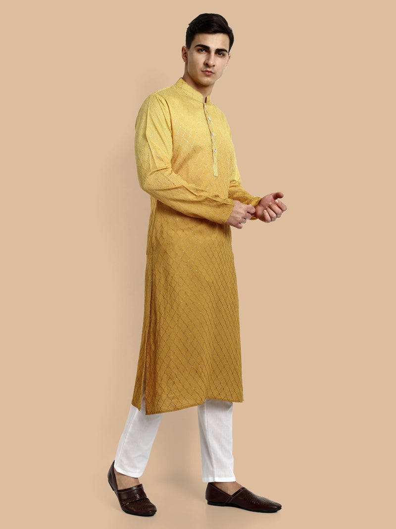 Vardha Men's Cotton Chikankari Embroidered and Sequence Full Sleeve Knee Length Casual Kurta for All Occations Like Wedding, Office & Events (MK_35_M_LK) Yellow - Image 2