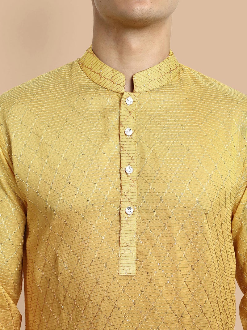Vardha Men's Cotton Chikankari Embroidered and Sequence Full Sleeve Knee Length Casual Kurta for All Occations Like Wedding, Office & Events (MK_35_M_LK) Yellow - Image 4