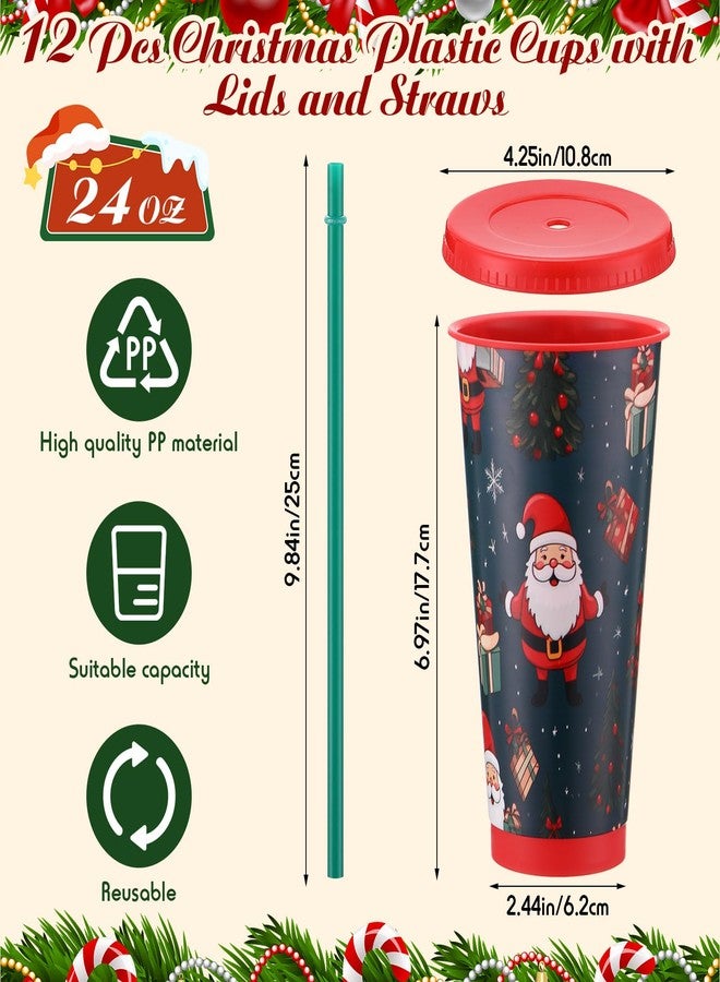Nuogo أكواب بلاستيكية نوجو 12 قطعة لعيد الميلاد مع أغطية وقشات قابلة لإعادة الاستخدام سعة 24 أونصة للقهوة والنبيذ والمشروبات الساخنة والباردة مناسبة لتزيين حفلات عيد الميلاد، 12 نمط (لطيف) - Image 2