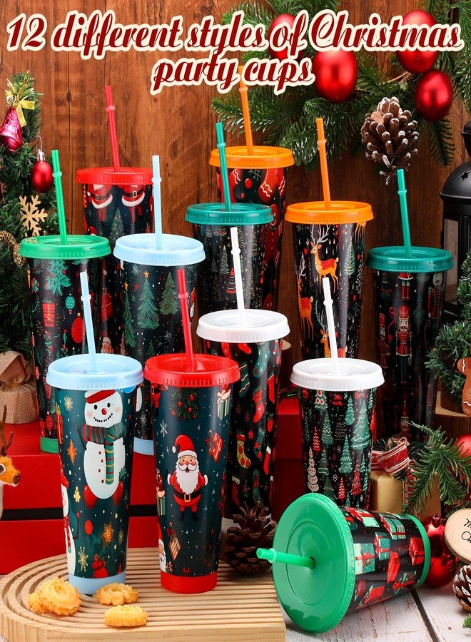 Nuogo أكواب بلاستيكية نوجو 12 قطعة لعيد الميلاد مع أغطية وقشات قابلة لإعادة الاستخدام سعة 24 أونصة للقهوة والنبيذ والمشروبات الساخنة والباردة مناسبة لتزيين حفلات عيد الميلاد، 12 نمط (لطيف) - Image 3