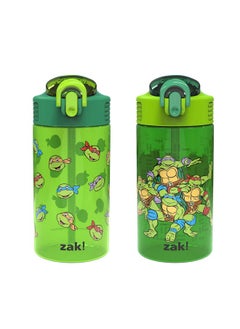 Zak Designs Zak Designs Teenage Mutant Ninja Turtles Kids Water Bottle For School or Travel, 16oz 2 Count (Pack of 1) Durable Plastic Water Bottle With Straw, Handle, and Leak-Proof, Pop-Up Spout Cover (TMNT)  - Image 1