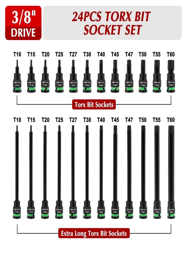 EMENTOL 24PCS 3/8" Drive Impact Torx Bit Socket Set, Extra Long Star Bit Sockets, T10-T60, Cr-V and S2 Alloy Steel - Image 3