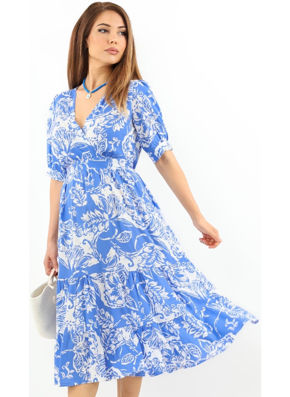 Ritnice - Women's Cruise Blue Viscose Midi Dress with Elastic Waist - Image 1