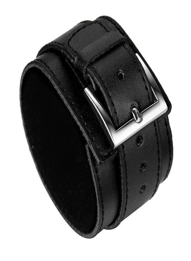 Avaner Men's Wide Leather Cuff Bracelet Punk Gothic Rock Biker Wrap Black Cuffs Wristband - Image 1