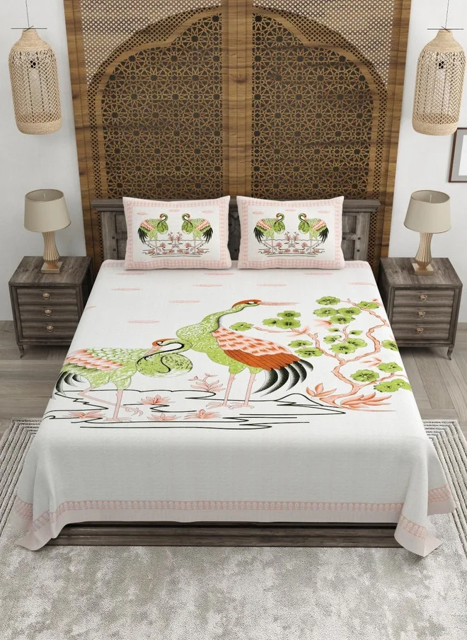 CLOTHOLOGY CLOTHOLOGY Pink & Green Floral Printed 180TC Pure Cotton King Bedsheet Set