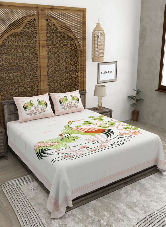 CLOTHOLOGY CLOTHOLOGY Pink & Green Floral Printed 180TC Pure Cotton King Bedsheet Set