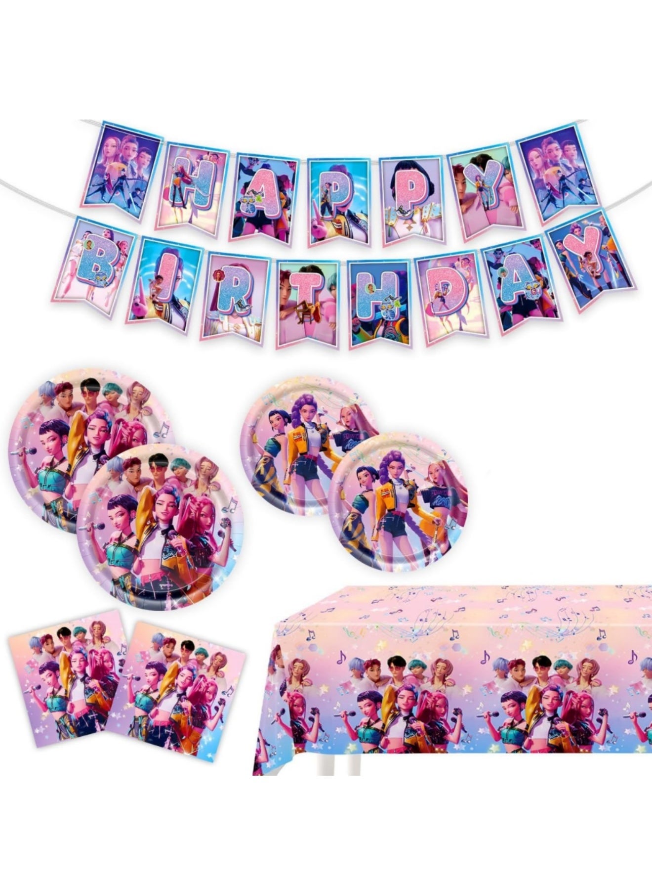 Kpop Demon Hunter Birthday Decorations, 20 Plates, 20 Napkins 1 Pulling Flag and 1 Tablecover for Boys Girls Kpop Party Supplies