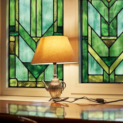 ChicSkin Original Hand Drawn Faux Stained Glass Window Film, Double-Sided Privacy Static Film, Vibrant Chartreuse Geometry Patterns Inspired by Martin House Peep Proof 16.93"X84.65" - Image 1