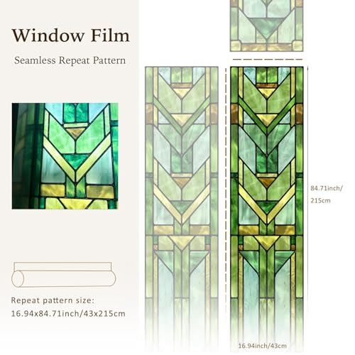 ChicSkin Original Hand Drawn Faux Stained Glass Window Film, Double-Sided Privacy Static Film, Vibrant Chartreuse Geometry Patterns Inspired by Martin House Peep Proof 16.93"X84.65" - Image 4