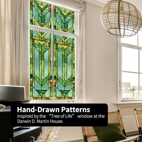 ChicSkin Original Hand Drawn Faux Stained Glass Window Film, Double-Sided Privacy Static Film, Vibrant Chartreuse Geometry Patterns Inspired by Martin House Peep Proof 16.93"X84.65" - Image 5