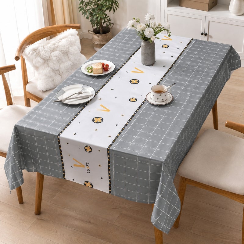 Dining Tablecloth with Floral and Check Pattern White and Gray 183 × 137 cm - 5-3 - Image 2