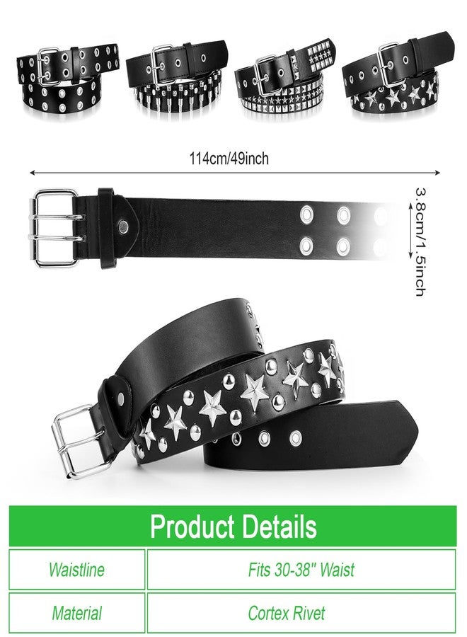 Tobeelec 4 Pcs Black Studded Belt Faux Leather Gothic Goth Black Gothic Punk Rock Belts with Grommet Threads Bright Metal Pyramid for Women Men - Ideal Gift(49 Inch) - Image 2