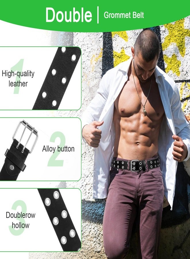 Tobeelec 4 Pcs Black Studded Belt Faux Leather Gothic Goth Black Gothic Punk Rock Belts with Grommet Threads Bright Metal Pyramid for Women Men - Ideal Gift(49 Inch) - Image 4