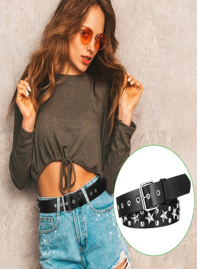 Tobeelec 4 Pcs Black Studded Belt Faux Leather Gothic Goth Black Gothic Punk Rock Belts with Grommet Threads Bright Metal Pyramid for Women Men - Ideal Gift(49 Inch) - Image 5