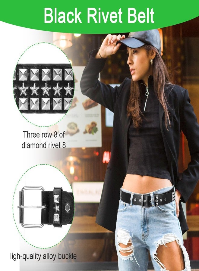 Tobeelec 4 Pcs Black Studded Belt Faux Leather Gothic Goth Black Gothic Punk Rock Belts with Grommet Threads Bright Metal Pyramid for Women Men - Ideal Gift(49 Inch) - Image 3