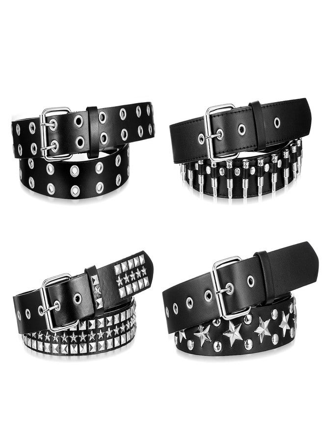 Tobeelec 4 Pcs Black Studded Belt Faux Leather Gothic Goth Black Gothic Punk Rock Belts with Grommet Threads Bright Metal Pyramid for Women Men - Ideal Gift(49 Inch) - Image 1