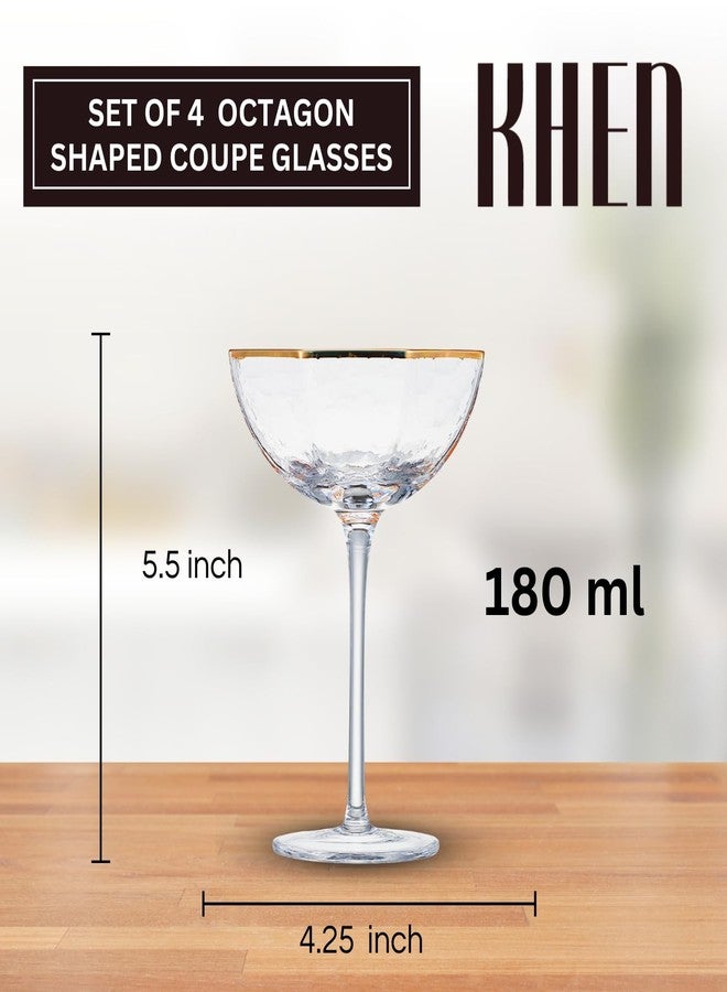 Khen Champagne Coupe Glasses Set of 4 Vintage Octagonal Gold Rim Elegant Art Glass Cocktail Goblets - 6oz Clear Gold Rim - Image 2