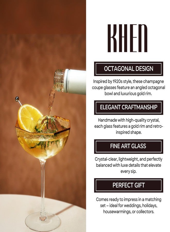 Khen Champagne Coupe Glasses Set of 4 Vintage Octagonal Gold Rim Elegant Art Glass Cocktail Goblets - 6oz Clear Gold Rim - Image 5