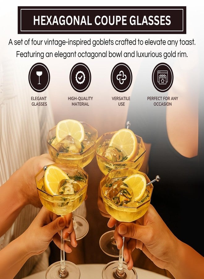 Khen Champagne Coupe Glasses Set of 4 Vintage Octagonal Gold Rim Elegant Art Glass Cocktail Goblets - 6oz Clear Gold Rim - Image 4