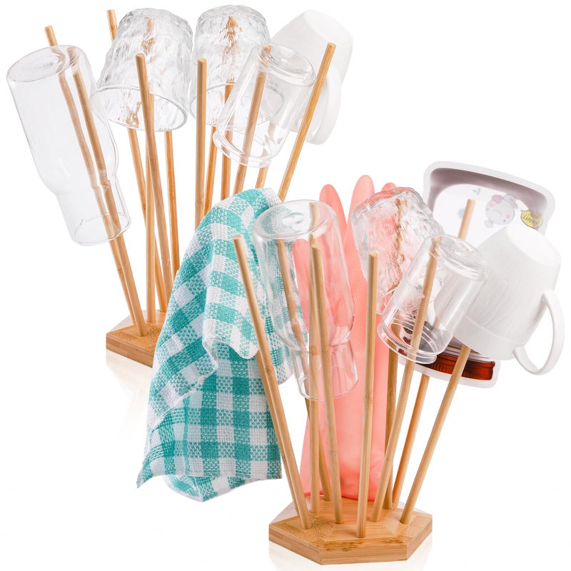 Elsjoy Set of 2 Plastic Bag and Bottle Drying Racks Bamboo Dryer Rack Stand with 12 Sticks Reusable Bag Cup Drainer Holder for Kitchen Storage Hexagon Base